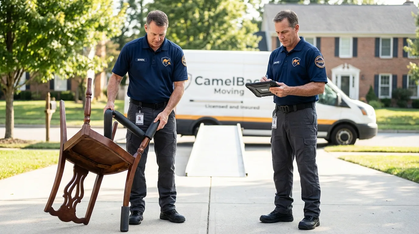 Movers inspecting furniture for damage prevention before loading in Kouts, IN