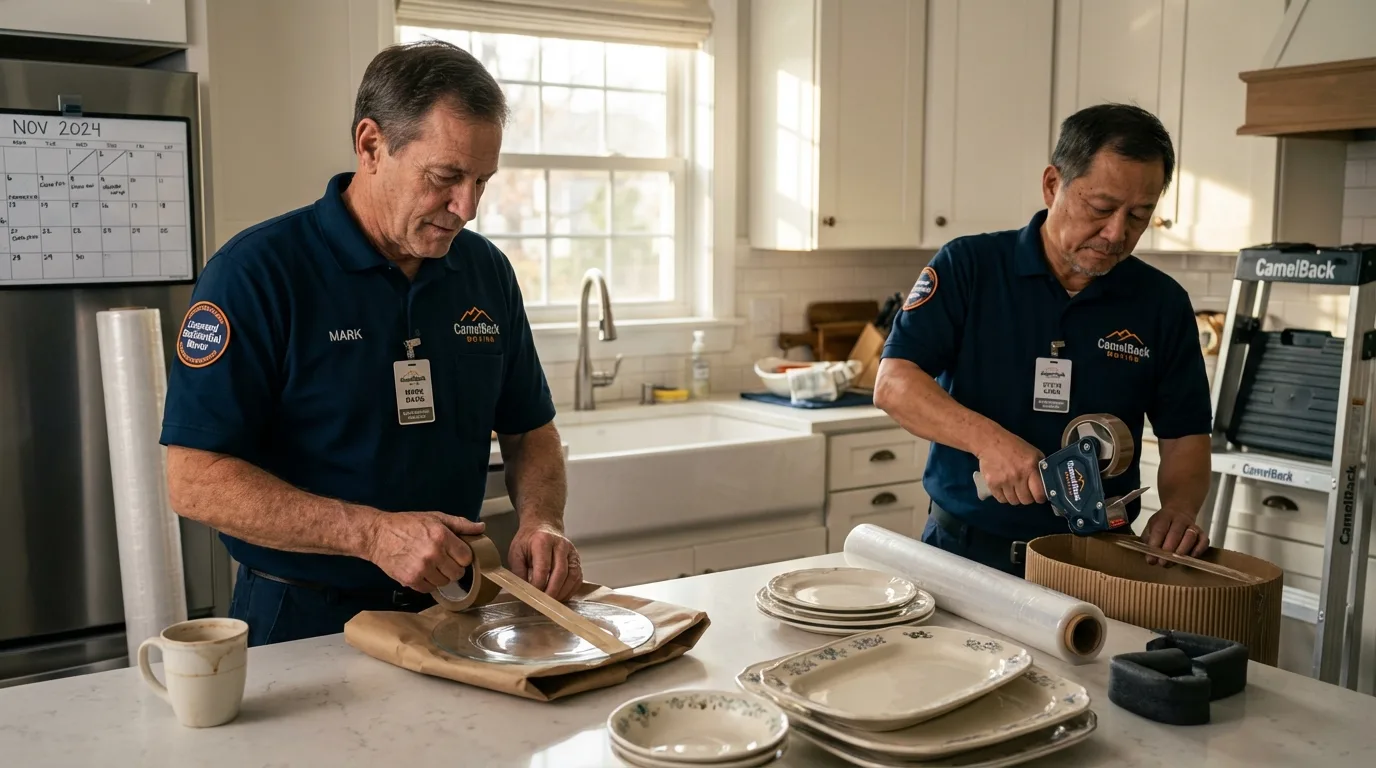 Professional crew packing kitchen dishware in Kouts, IN